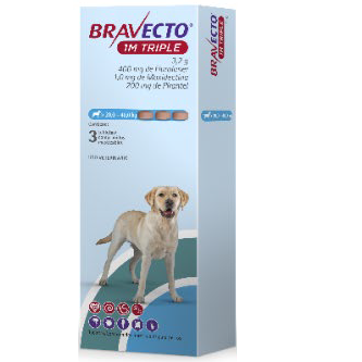 Bravecto 1 M TRIPLE XL 400 mg 3 Tabletas (20 a 40 kg) Control de parásitos internos y externos
