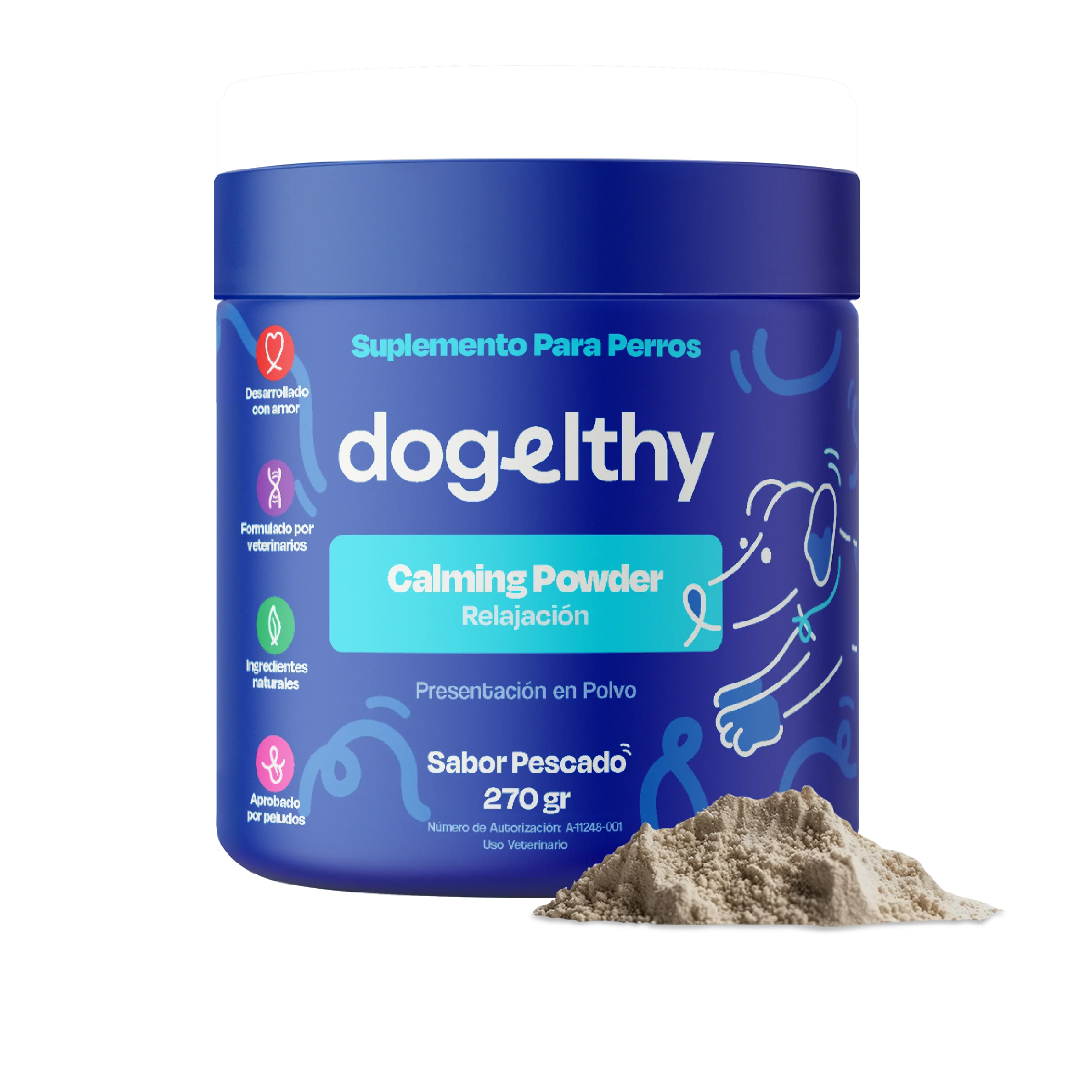 Dogelthy CALMING POWDER 270 gr ( Calmante / Relajante Natural para Hiperactividad o Estrés Sabor a Pescado )