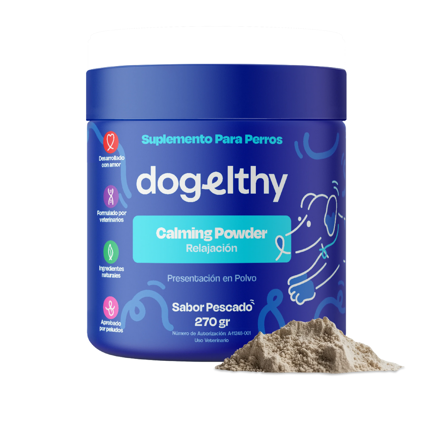 Dogelthy CALMING POWDER 270 gr ( Calmante / Relajante Natural para Hiperactividad o Estrés Sabor a Pescado )