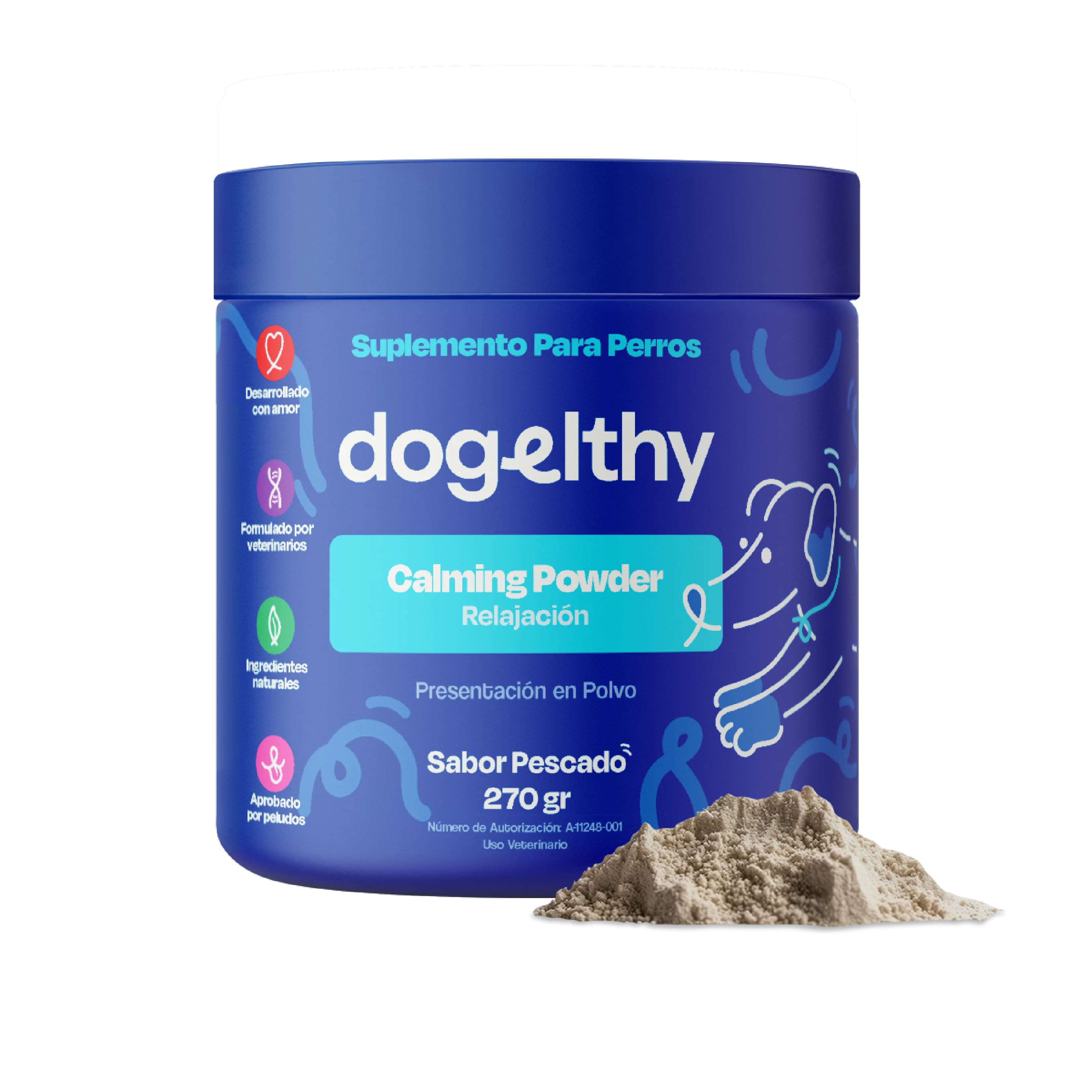 Dogelthy CALMING POWDER 270 gr ( Calmante / Relajante Natural para Hiperactividad o Estrés Sabor a Pescado )