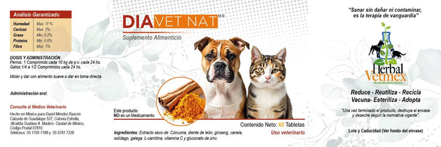 Dia VetNat 60 Tabletas ( Suplemento recomendado en perros y gatos Diabéticos ) Dia Vet Nat