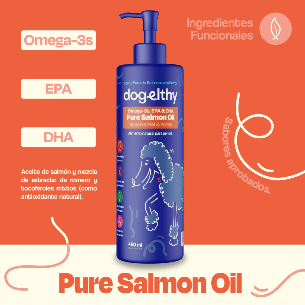 Dogelthy PURE SALMON OIL 450 mL (Aceite Puro de Salmon Pelaje, Piel y Articulaciones)