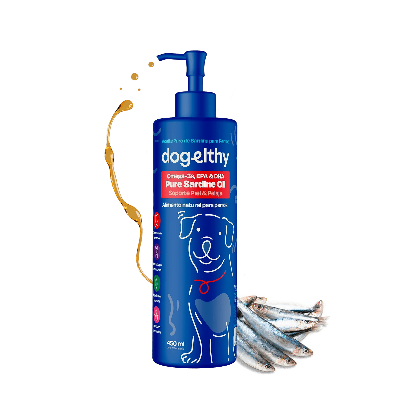 Dogelthy PURE SARDINE OIL 450 mL (Aceite Puro de Sardina Pelaje, Piel y Articulaciones)
