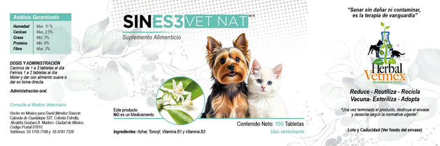 Sines3 VetNat 100 Tabletas ( relajante y tranquilizante ) ANTES Calmi VetNat