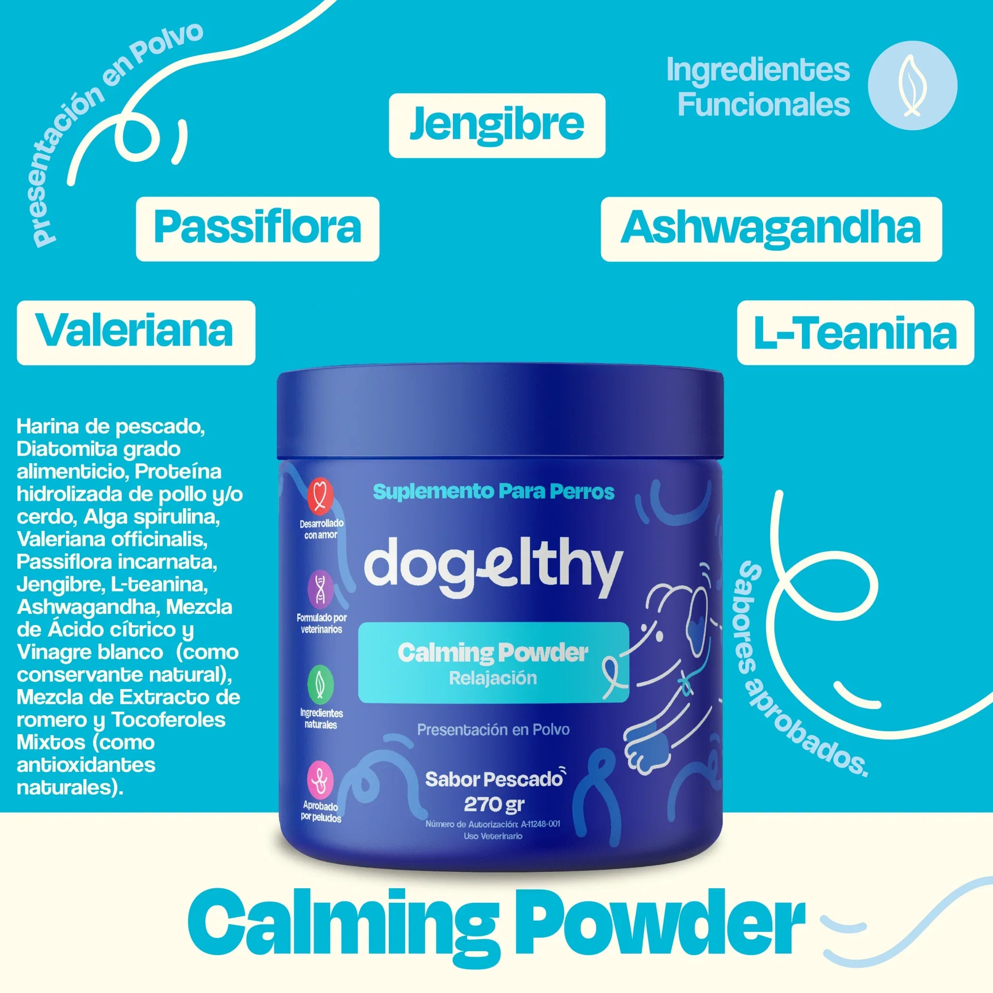 Dogelthy CALMING POWDER 270 gr ( Calmante / Relajante Natural para Hiperactividad o Estrés Sabor a Pescado )