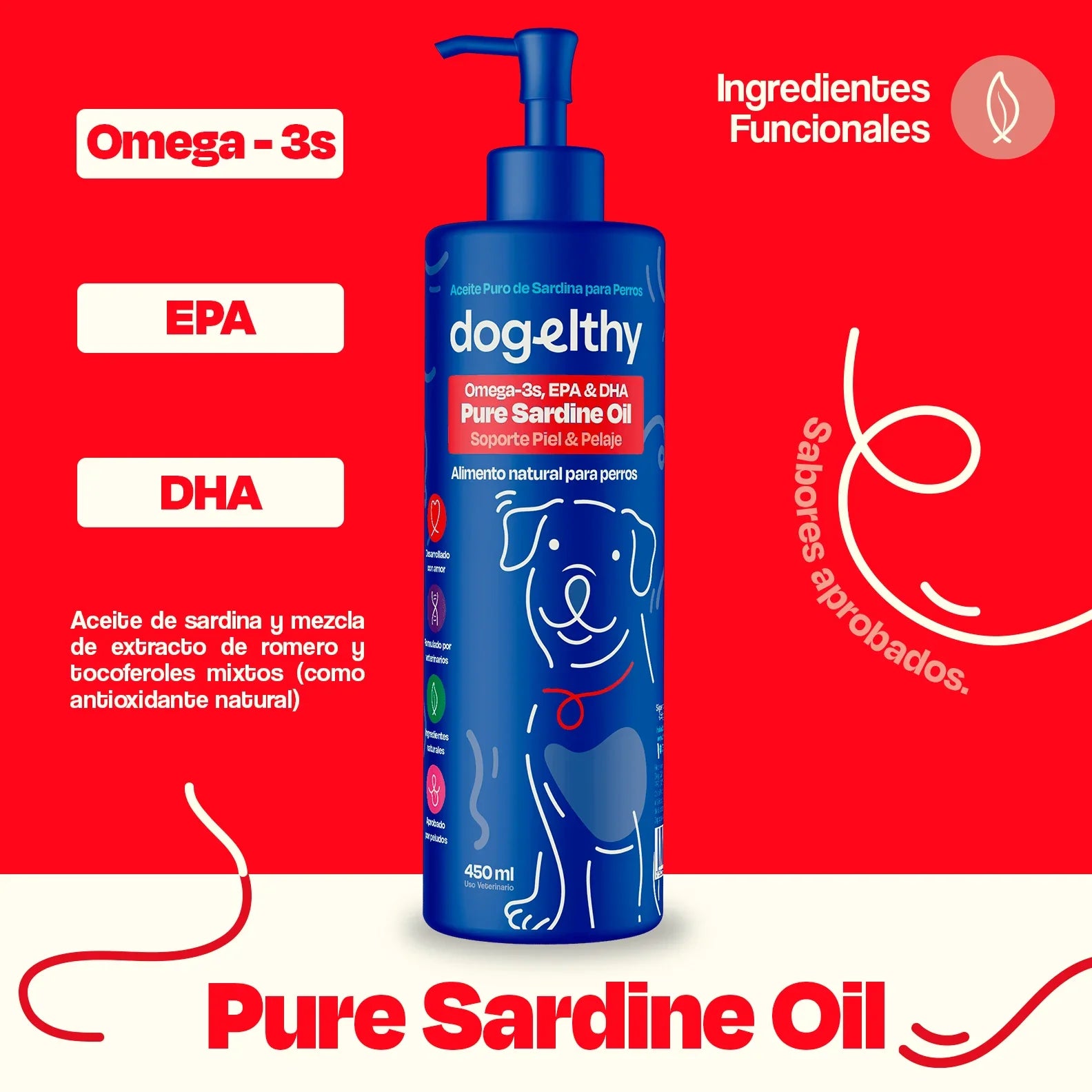 Dogelthy PURE SARDINE OIL 450 mL (Aceite Puro de Sardina Pelaje, Piel y Articulaciones)